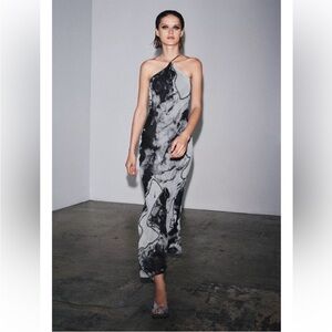 Zara Marble-Print Halter Midi Dress in Black and Gray